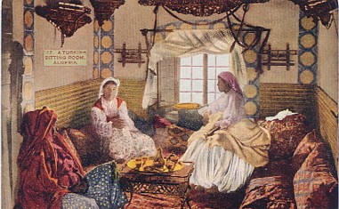 Featured is an early 20th century postcard image of a Turkish sitting room in Algeria.  The three women are members of one man's harem.  The original unused card is for sale in The unltd.com Store.